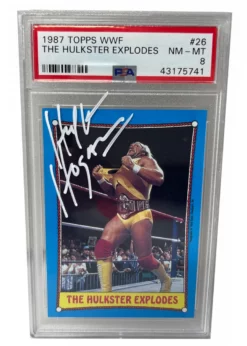 Hogan's Beach Shop TRADING CARDS Signed Hulk Hogan The Hulkster Explodes 1987 Topps WWF Wrestling Card #26 Graded PSA 8