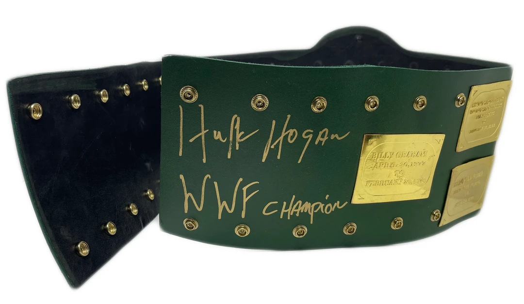 Hogan's Beach Shop AUTOGRAPHED TITLE BELTS WWF Big Green Heavyweight Champion Belt Signed 4 Hogan's Beach Shop AUTOGRAPHED TITLE BELTS WWF Big Green Heavyweight Champion Belt Signed